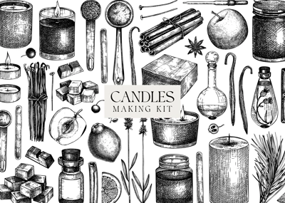 Hand sketched candles ingredients banner. Vintage candles, herbs, wax, fruits, spices, skewers hand drawings background. Natural frame perfect for aromatherapy, hobby, handcrafts, candle making.